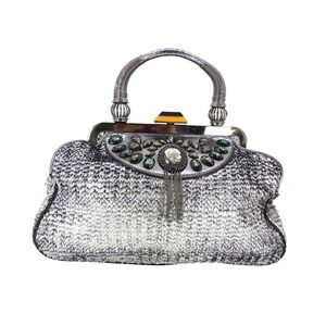 Original by Sharif Silver Metallic Embellished Evening Bag Tassel Frame‎ Purse